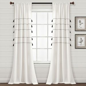 2 window panels - 42x84 farmhouse boho stripe tassel curtains
